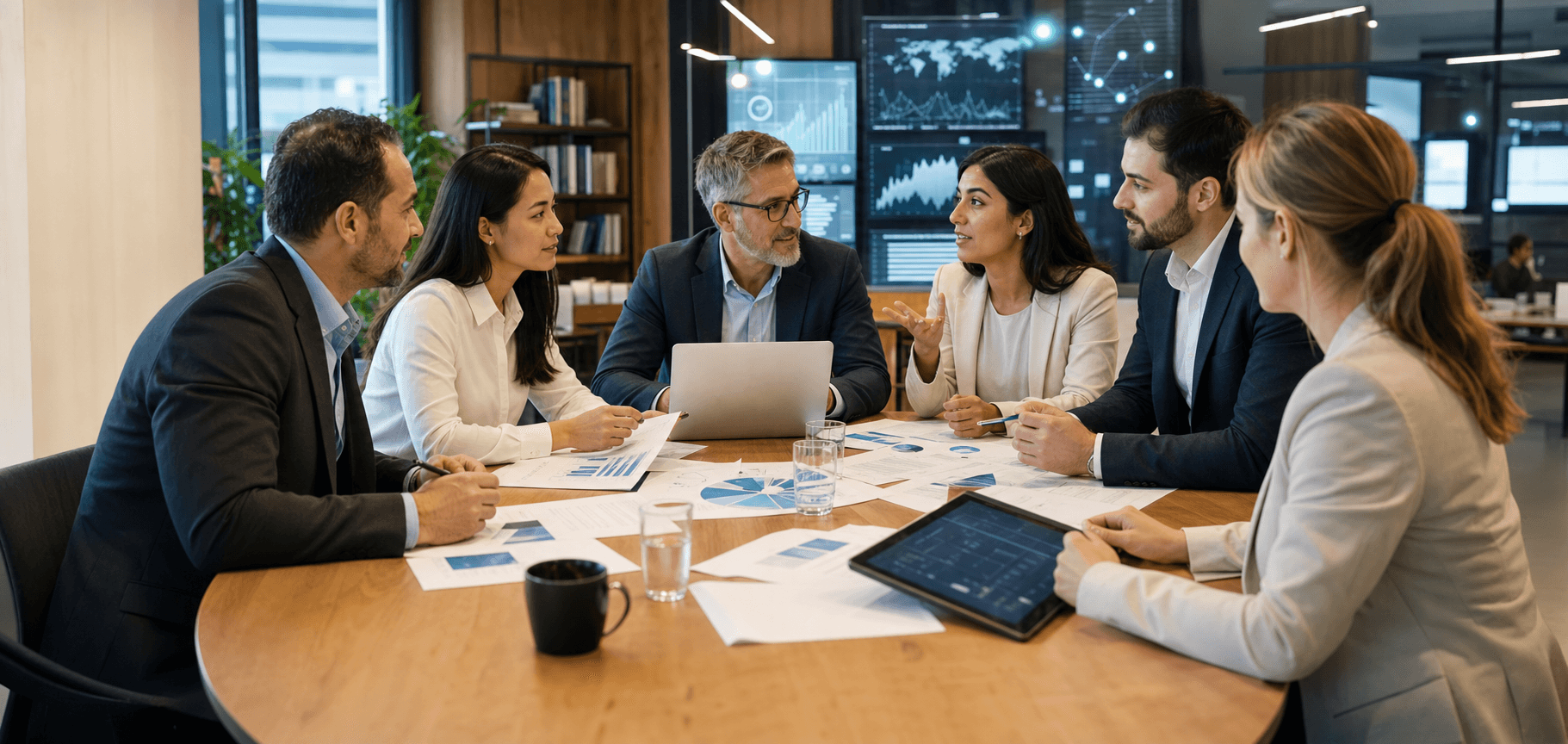 Professional business scene in modern Australian office with diverse team reviewing documents
