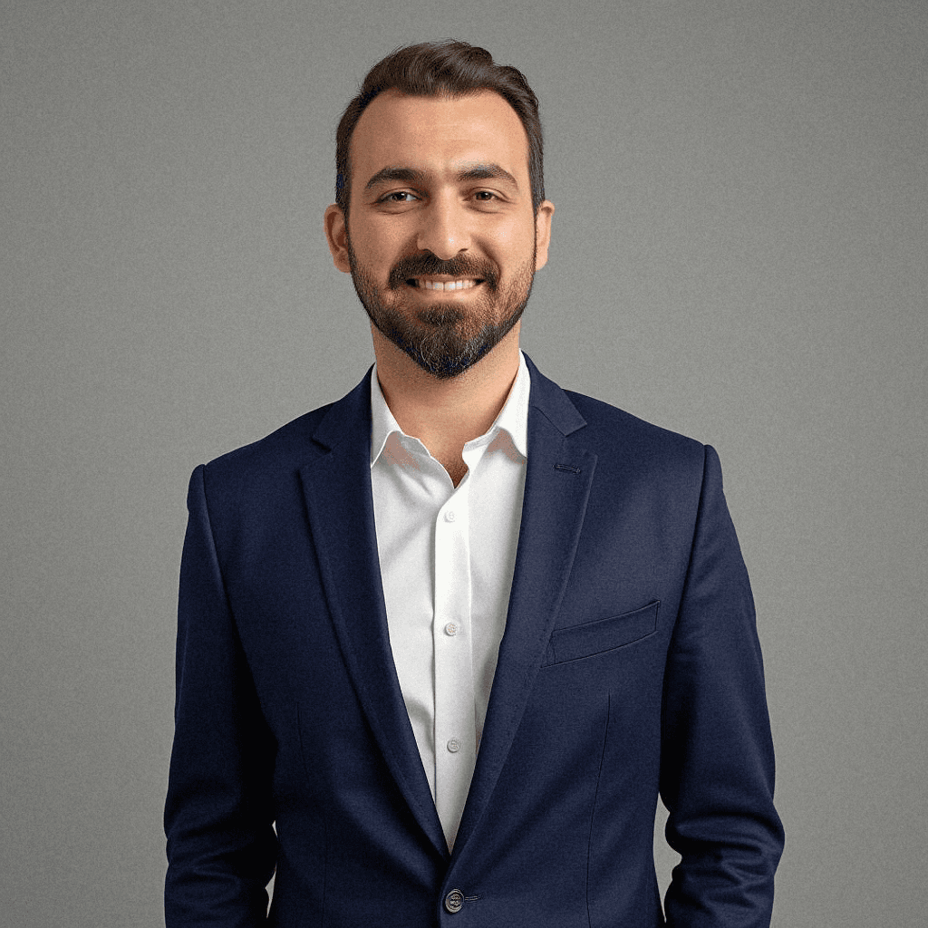 Smiling man with dark hair and beard wearing a navy blazer and white shirt.